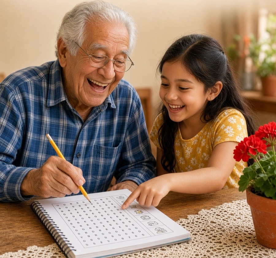 Abuelo resolviendo una sopa de letras con su nieta